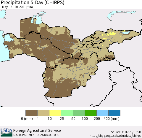 Central Asia Precipitation 5-Day (CHIRPS) Thematic Map For 5/16/2021 - 5/20/2021