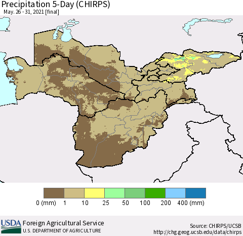 Central Asia Precipitation 5-Day (CHIRPS) Thematic Map For 5/26/2021 - 5/31/2021