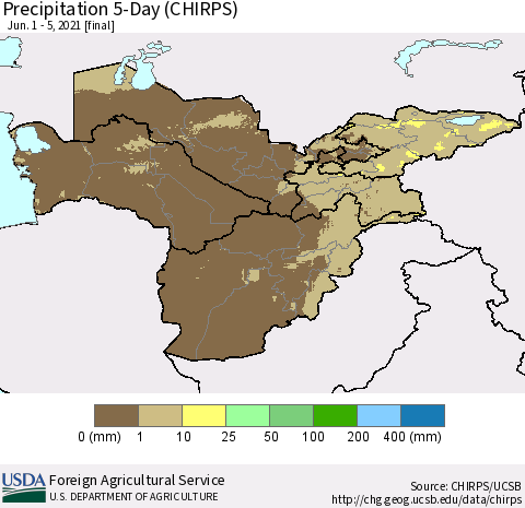 Central Asia Precipitation 5-Day (CHIRPS) Thematic Map For 6/1/2021 - 6/5/2021