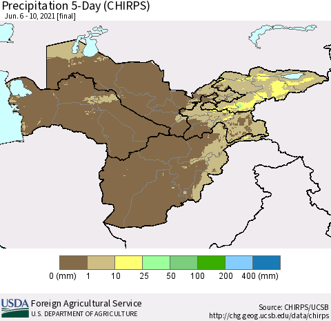 Central Asia Precipitation 5-Day (CHIRPS) Thematic Map For 6/6/2021 - 6/10/2021