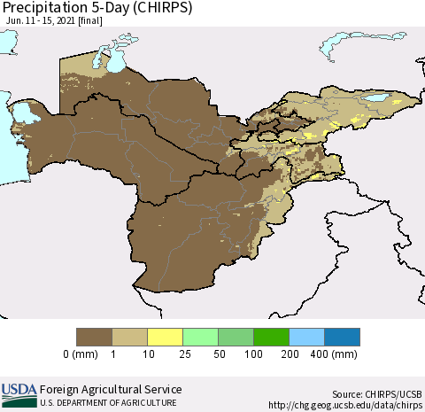 Central Asia Precipitation 5-Day (CHIRPS) Thematic Map For 6/11/2021 - 6/15/2021