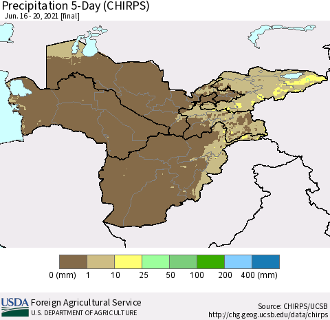 Central Asia Precipitation 5-Day (CHIRPS) Thematic Map For 6/16/2021 - 6/20/2021