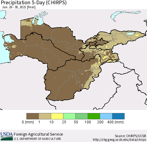 Central Asia Precipitation 5-Day (CHIRPS) Thematic Map For 6/26/2021 - 6/30/2021