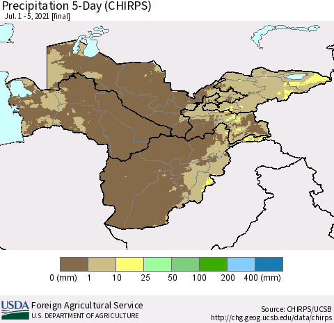 Central Asia Precipitation 5-Day (CHIRPS) Thematic Map For 7/1/2021 - 7/5/2021