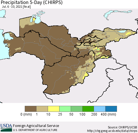 Central Asia Precipitation 5-Day (CHIRPS) Thematic Map For 7/6/2021 - 7/10/2021