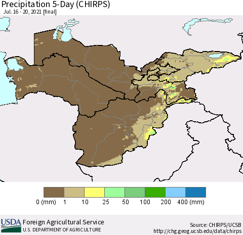 Central Asia Precipitation 5-Day (CHIRPS) Thematic Map For 7/16/2021 - 7/20/2021