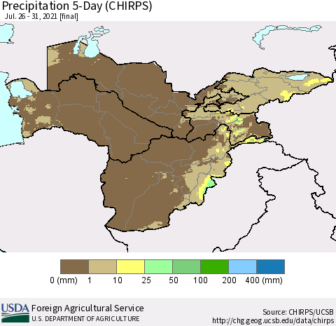 Central Asia Precipitation 5-Day (CHIRPS) Thematic Map For 7/26/2021 - 7/31/2021