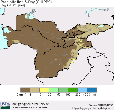 Central Asia Precipitation 5-Day (CHIRPS) Thematic Map For 8/1/2021 - 8/5/2021