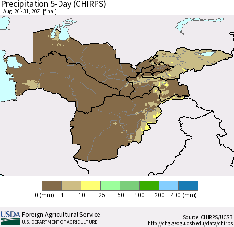 Central Asia Precipitation 5-Day (CHIRPS) Thematic Map For 8/26/2021 - 8/31/2021