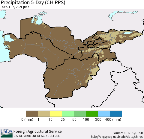 Central Asia Precipitation 5-Day (CHIRPS) Thematic Map For 9/1/2021 - 9/5/2021