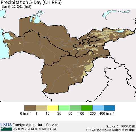 Central Asia Precipitation 5-Day (CHIRPS) Thematic Map For 9/6/2021 - 9/10/2021
