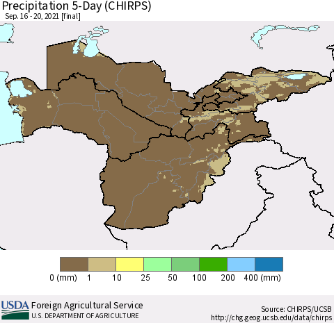 Central Asia Precipitation 5-Day (CHIRPS) Thematic Map For 9/16/2021 - 9/20/2021