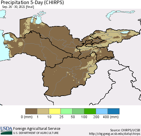 Central Asia Precipitation 5-Day (CHIRPS) Thematic Map For 9/26/2021 - 9/30/2021