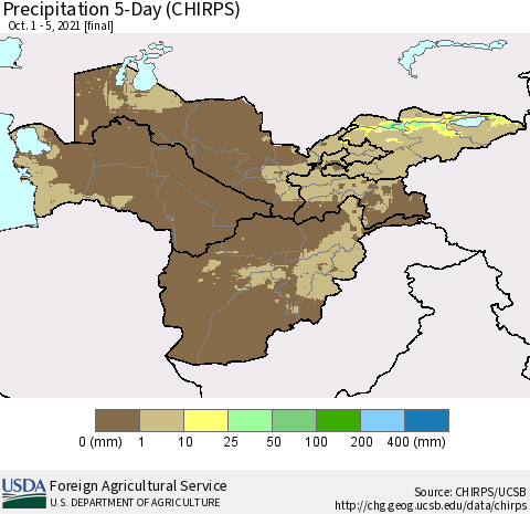 Central Asia Precipitation 5-Day (CHIRPS) Thematic Map For 10/1/2021 - 10/5/2021