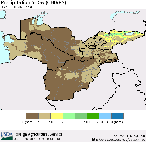 Central Asia Precipitation 5-Day (CHIRPS) Thematic Map For 10/6/2021 - 10/10/2021