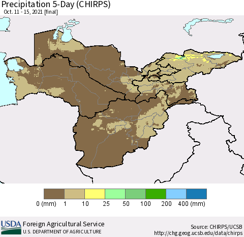 Central Asia Precipitation 5-Day (CHIRPS) Thematic Map For 10/11/2021 - 10/15/2021