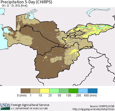 Central Asia Precipitation 5-Day (CHIRPS) Thematic Map For 10/21/2021 - 10/25/2021