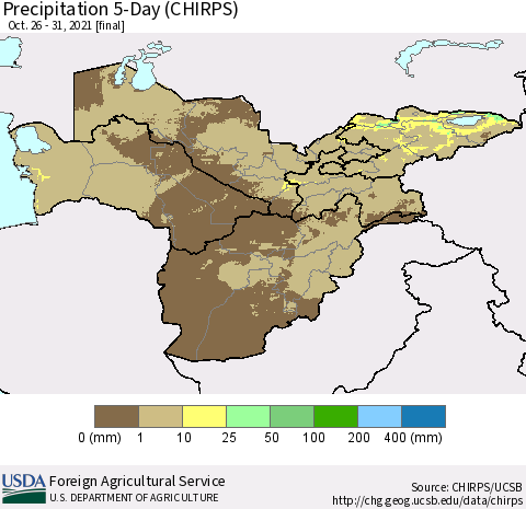 Central Asia Precipitation 5-Day (CHIRPS) Thematic Map For 10/26/2021 - 10/31/2021