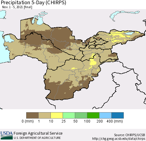Central Asia Precipitation 5-Day (CHIRPS) Thematic Map For 11/1/2021 - 11/5/2021