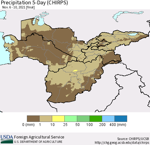 Central Asia Precipitation 5-Day (CHIRPS) Thematic Map For 11/6/2021 - 11/10/2021