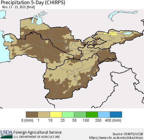 Central Asia Precipitation 5-Day (CHIRPS) Thematic Map For 11/11/2021 - 11/15/2021
