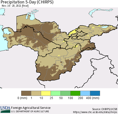 Central Asia Precipitation 5-Day (CHIRPS) Thematic Map For 11/16/2021 - 11/20/2021