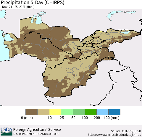 Central Asia Precipitation 5-Day (CHIRPS) Thematic Map For 11/21/2021 - 11/25/2021