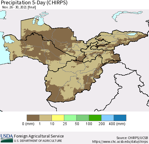 Central Asia Precipitation 5-Day (CHIRPS) Thematic Map For 11/26/2021 - 11/30/2021