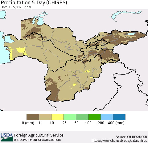 Central Asia Precipitation 5-Day (CHIRPS) Thematic Map For 12/1/2021 - 12/5/2021
