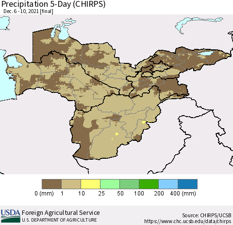 Central Asia Precipitation 5-Day (CHIRPS) Thematic Map For 12/6/2021 - 12/10/2021