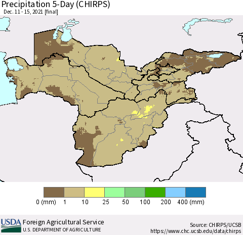 Central Asia Precipitation 5-Day (CHIRPS) Thematic Map For 12/11/2021 - 12/15/2021
