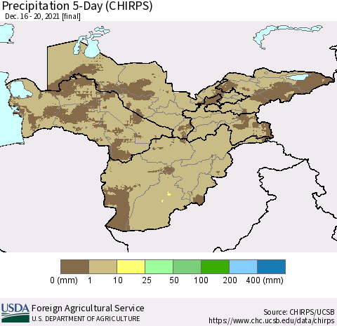 Central Asia Precipitation 5-Day (CHIRPS) Thematic Map For 12/16/2021 - 12/20/2021