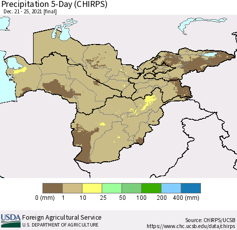 Central Asia Precipitation 5-Day (CHIRPS) Thematic Map For 12/21/2021 - 12/25/2021