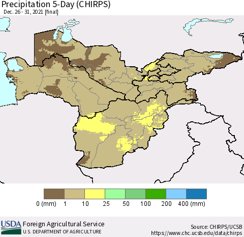 Central Asia Precipitation 5-Day (CHIRPS) Thematic Map For 12/26/2021 - 12/31/2021