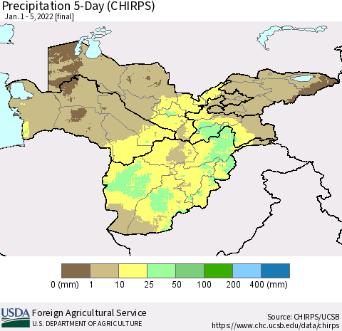 Central Asia Precipitation 5-Day (CHIRPS) Thematic Map For 1/1/2022 - 1/5/2022
