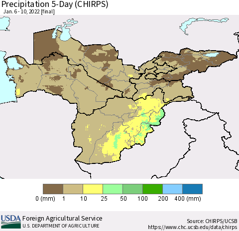 Central Asia Precipitation 5-Day (CHIRPS) Thematic Map For 1/6/2022 - 1/10/2022
