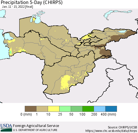 Central Asia Precipitation 5-Day (CHIRPS) Thematic Map For 1/11/2022 - 1/15/2022