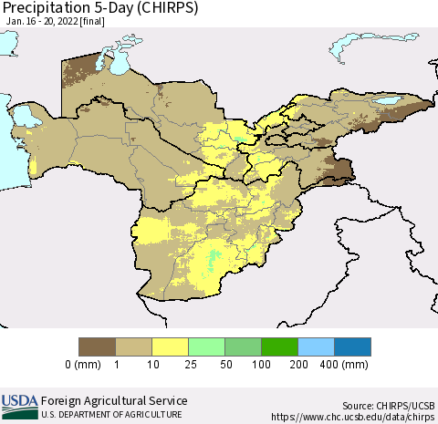 Central Asia Precipitation 5-Day (CHIRPS) Thematic Map For 1/16/2022 - 1/20/2022