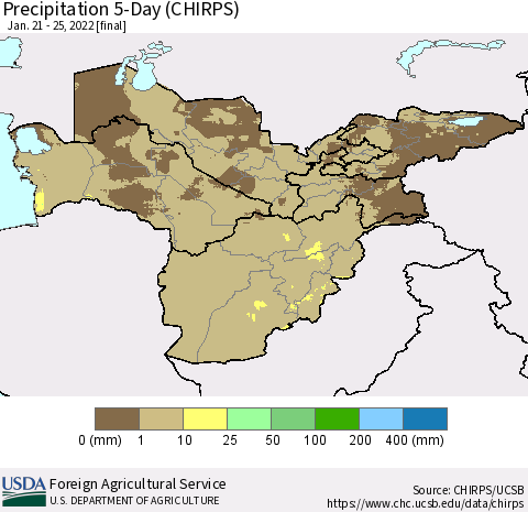Central Asia Precipitation 5-Day (CHIRPS) Thematic Map For 1/21/2022 - 1/25/2022