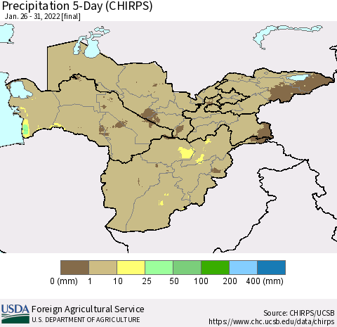 Central Asia Precipitation 5-Day (CHIRPS) Thematic Map For 1/26/2022 - 1/31/2022