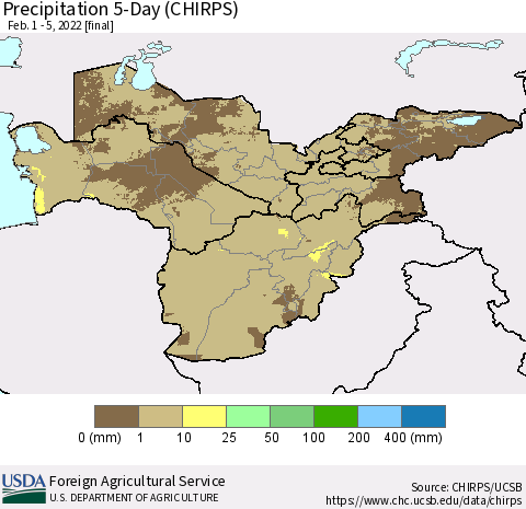 Central Asia Precipitation 5-Day (CHIRPS) Thematic Map For 2/1/2022 - 2/5/2022