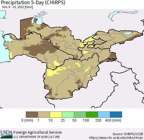 Central Asia Precipitation 5-Day (CHIRPS) Thematic Map For 2/6/2022 - 2/10/2022