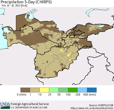 Central Asia Precipitation 5-Day (CHIRPS) Thematic Map For 2/16/2022 - 2/20/2022