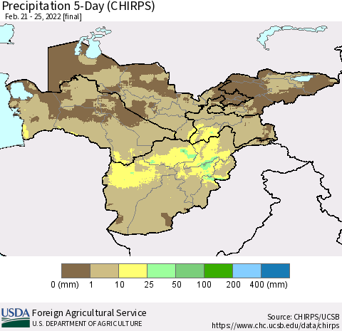 Central Asia Precipitation 5-Day (CHIRPS) Thematic Map For 2/21/2022 - 2/25/2022
