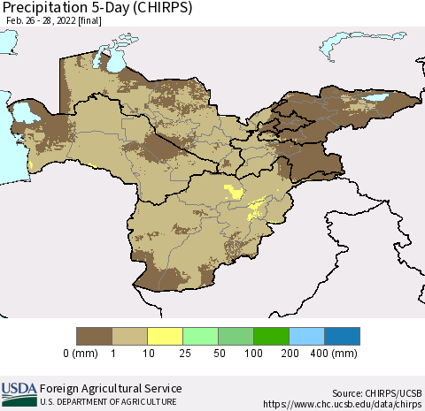 Central Asia Precipitation 5-Day (CHIRPS) Thematic Map For 2/26/2022 - 2/28/2022