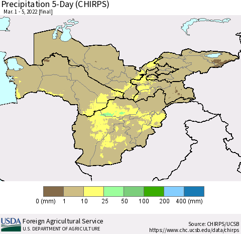 Central Asia Precipitation 5-Day (CHIRPS) Thematic Map For 3/1/2022 - 3/5/2022