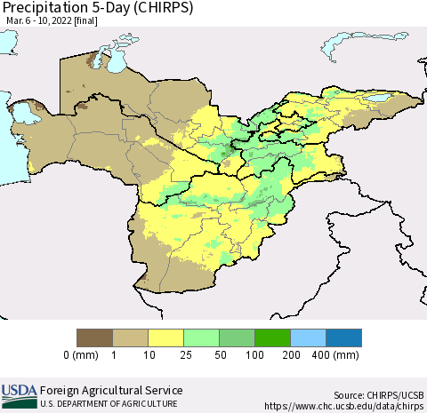 Central Asia Precipitation 5-Day (CHIRPS) Thematic Map For 3/6/2022 - 3/10/2022