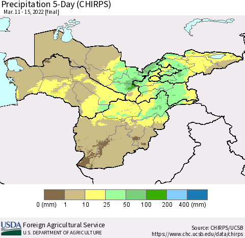 Central Asia Precipitation 5-Day (CHIRPS) Thematic Map For 3/11/2022 - 3/15/2022