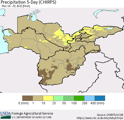 Central Asia Precipitation 5-Day (CHIRPS) Thematic Map For 3/16/2022 - 3/20/2022