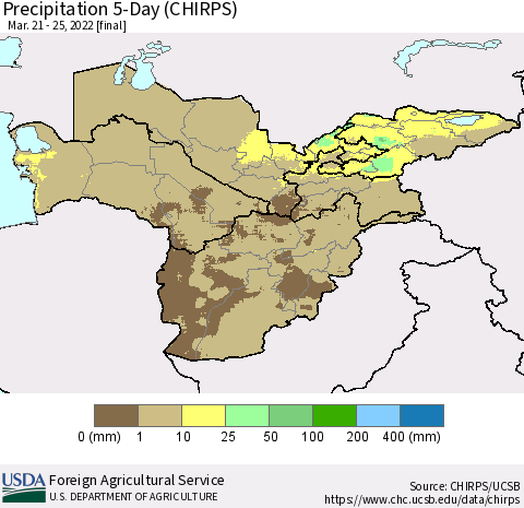Central Asia Precipitation 5-Day (CHIRPS) Thematic Map For 3/21/2022 - 3/25/2022